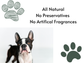 Boston Terrier with text 'All Natural, No Preservatives, No Artificial Fragrances' and paw print graphics on a white background.