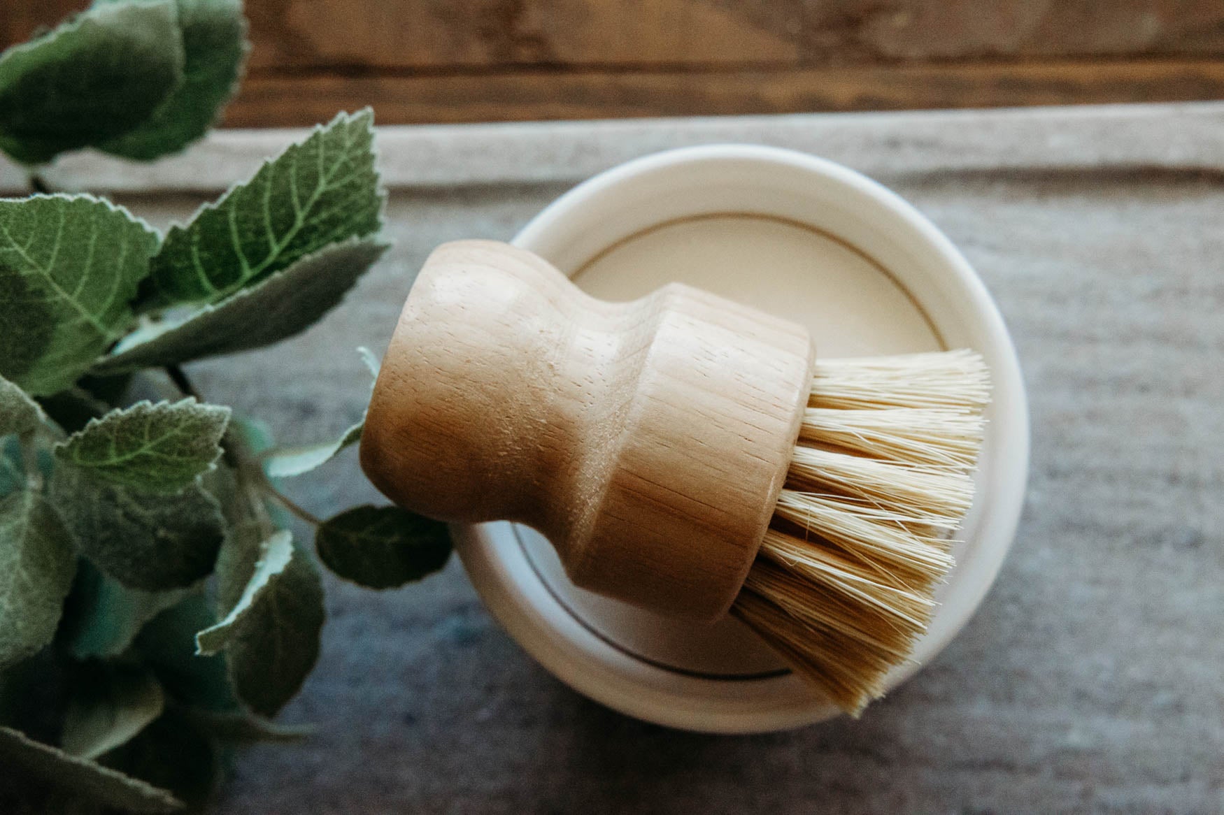 Ramekin dish filled with organic coconut and castor oil dish soap with a wooden brush  laying on top on a marble board with greenary in the background.